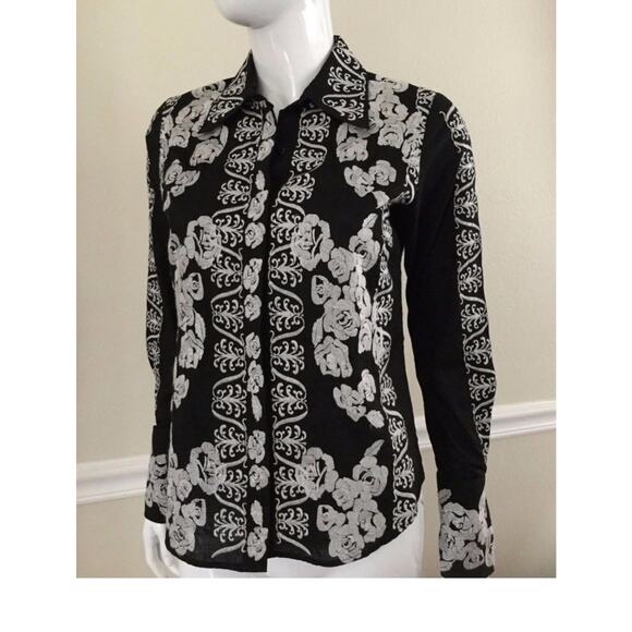 NWT BCBG MAXAZRIA Cotton BlackWhite Embroidery Longsleeve ButtonUp Shirt XL Goth - Picture 1 of 11